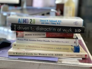 Pile of books about ADHD